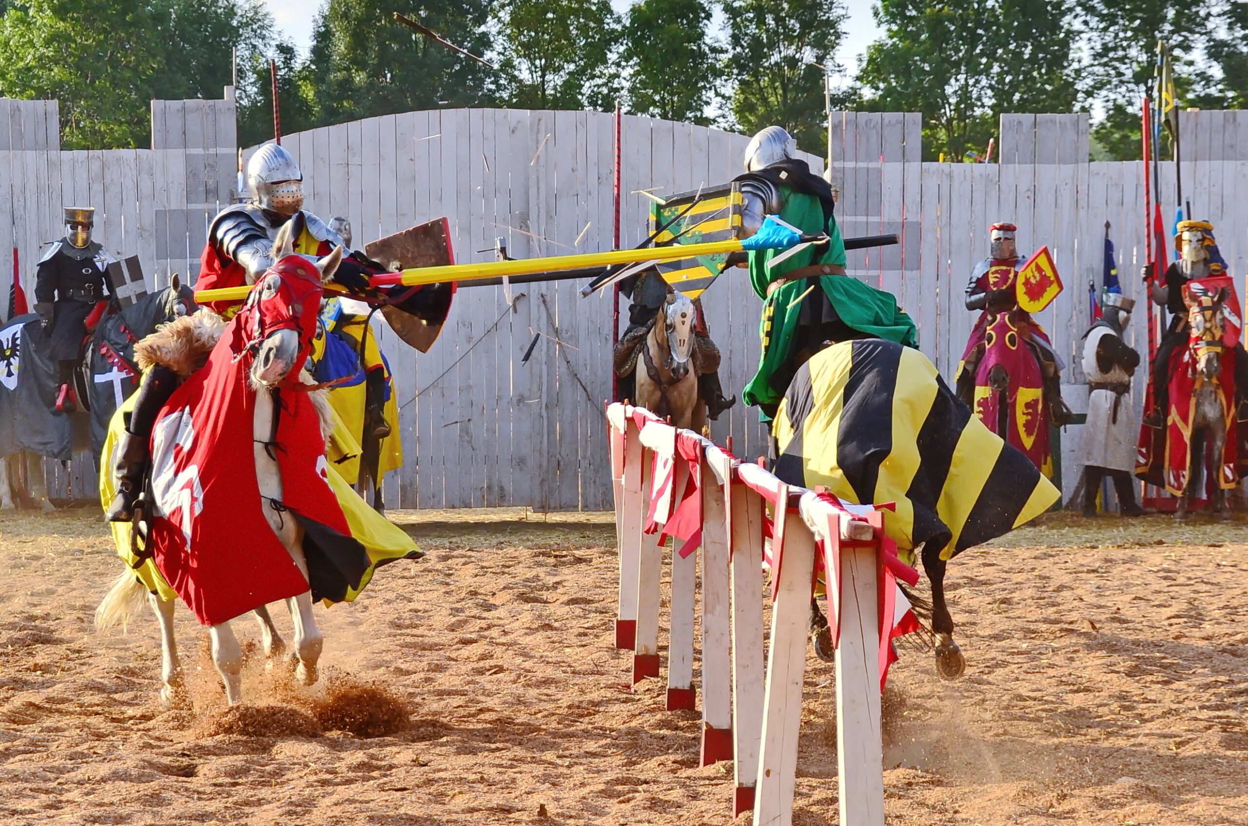 Bei der Tjost treten Mann gegen Mann auf wendigen Pferden gegeneinander an.
